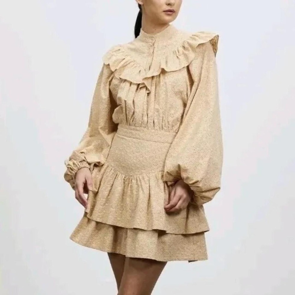 Shona Joy Tan and Cream Ruffled Sundress